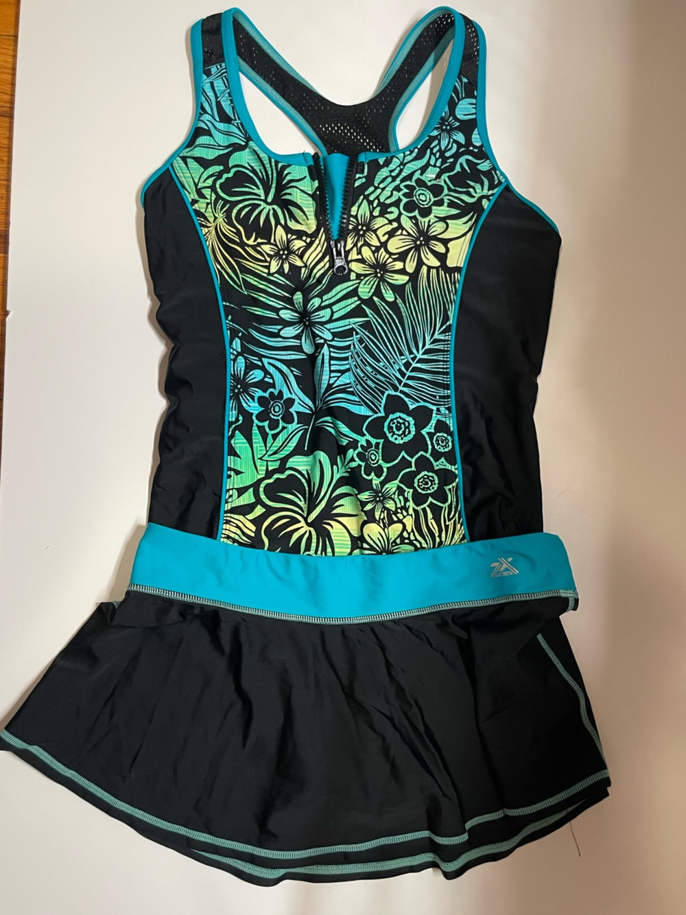 ZeroXposur Black One-Piece Swim with skirt and Teal and Lime Floral Front